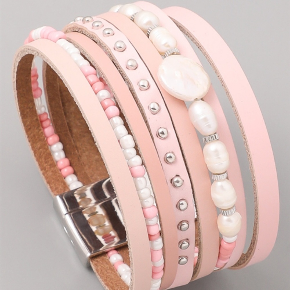 ALEXA PINK BEADED FAUX LEATHER WRAP BRACELET